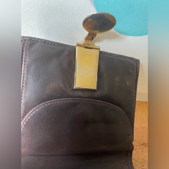 RARE Vintage GUCCI 70s Horseshoe Leather Slim Bi-fold Wallet Brown 925 Hardware - Picture 14 of 16